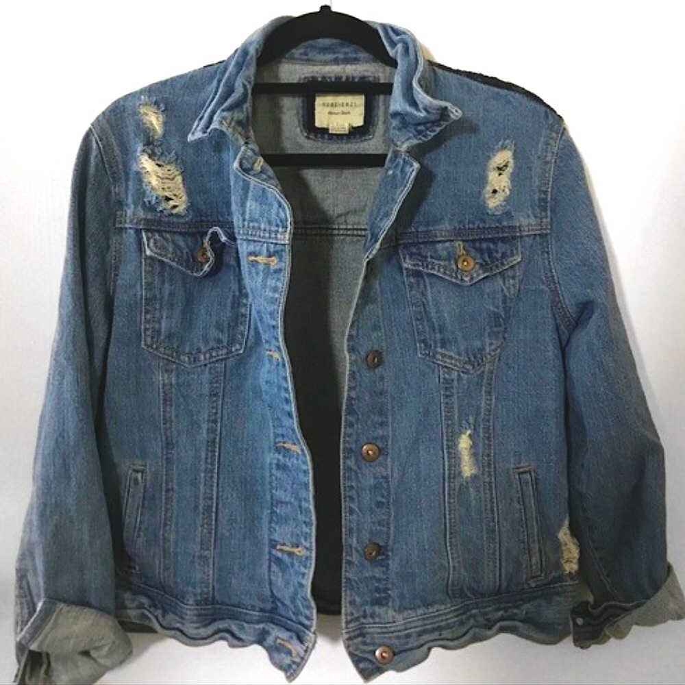 Distressed Medium Wash Denim Jacket w/ Lace Panel